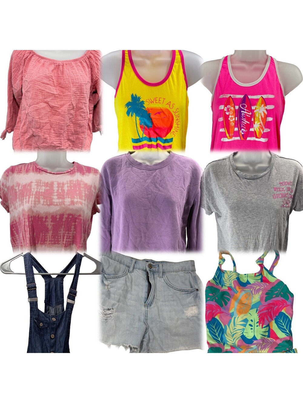 Youth Girls XL 10 Piece Clothing Lot Tees Sweatshirt Tanks Overalls Jean Shorts